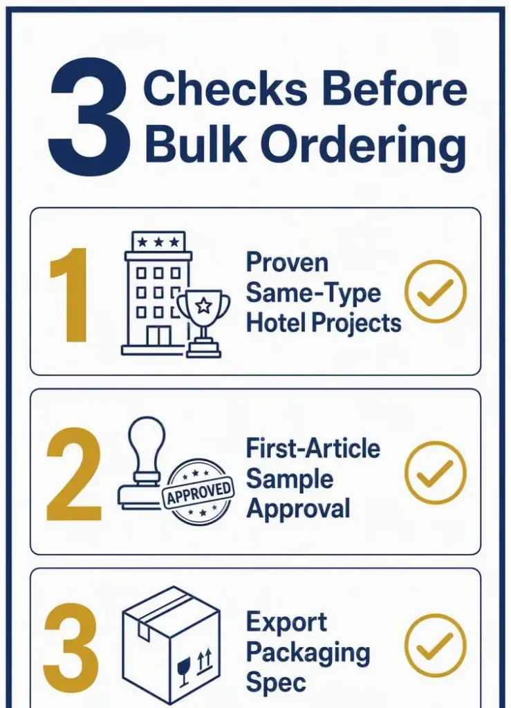 Buyer checklist card: three checks before bulk ordering hotel furniture from China — proven same-type projects, first-article sample approval, export packaging spec