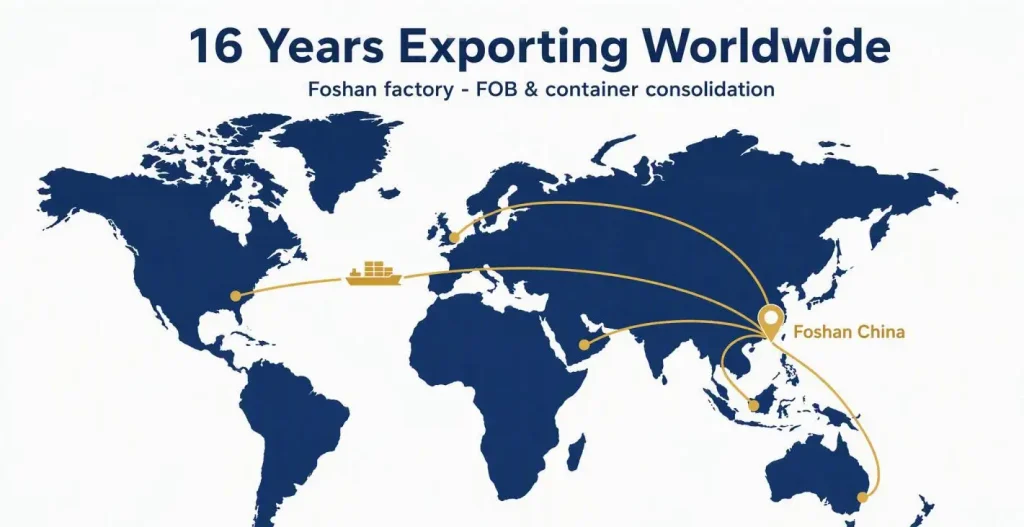 World map infographic showing hotel furniture export shipping routes from Foshan, China to Europe, the Americas, the Middle East, Asia and Australia