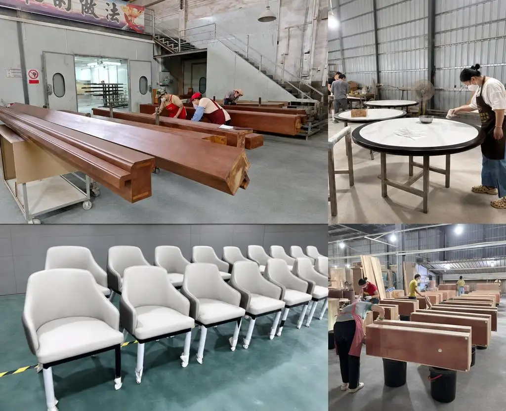 Hotel furniture production line at a China hotel furniture supplier in Foshan, assembling chairs and tables for a 258-room Mercure project