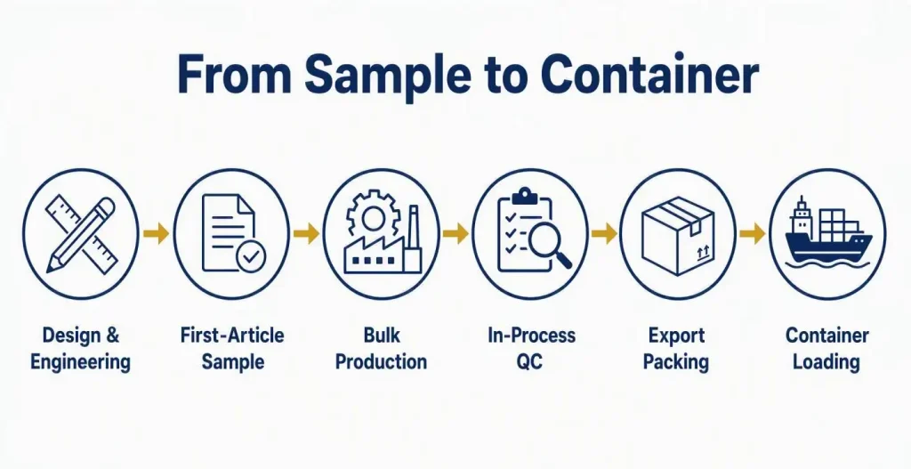 Six-step hotel furniture production flow from design and first-article sample to mass production, QC, export packing and container loading