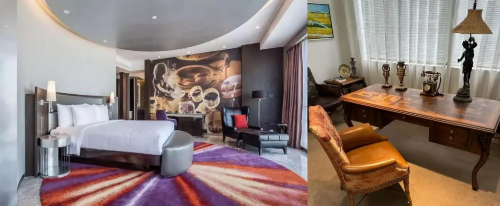 Mercure Hotel guest room furnished in post-modern American style with dark wood desk, upholstered bench and accent-color rug, produced in bulk by a Foshan furniture factory