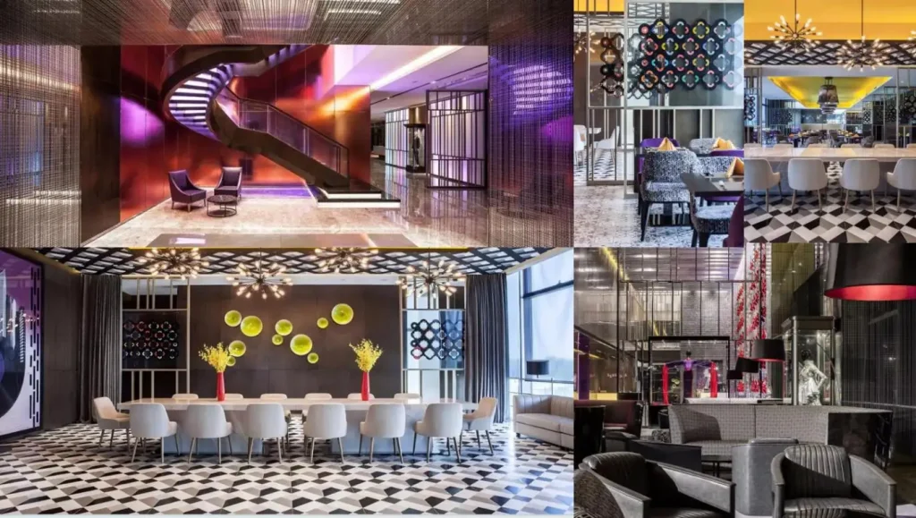Custom purple leather sofas and linen-upholstered chairs in the Mercure Hotel lobby lounge, near the spiral staircase